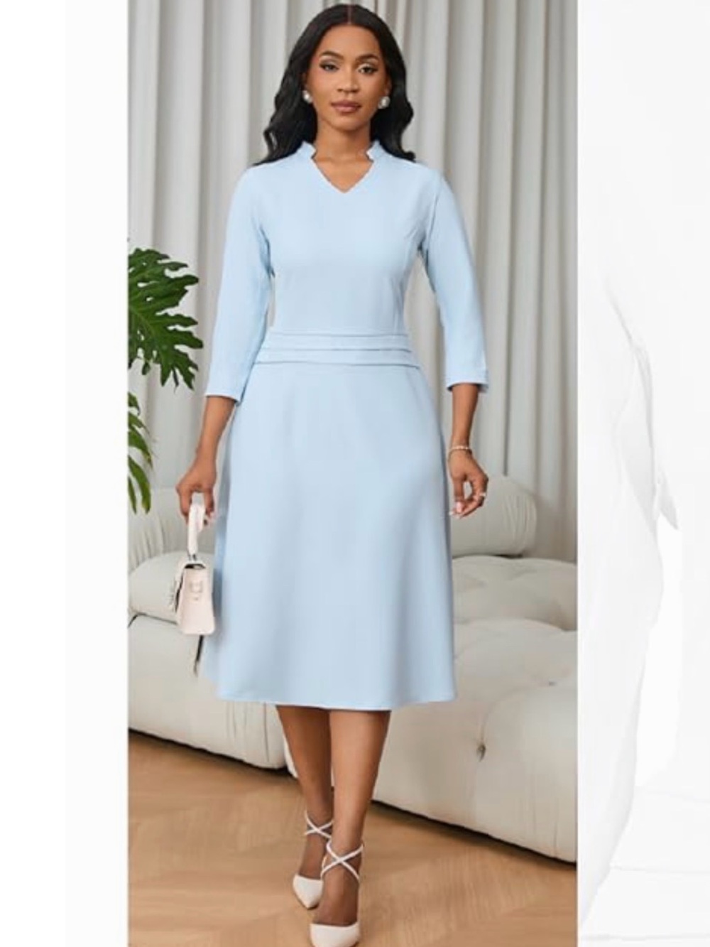 Chic Light Blue V-Neck Midi Dress by